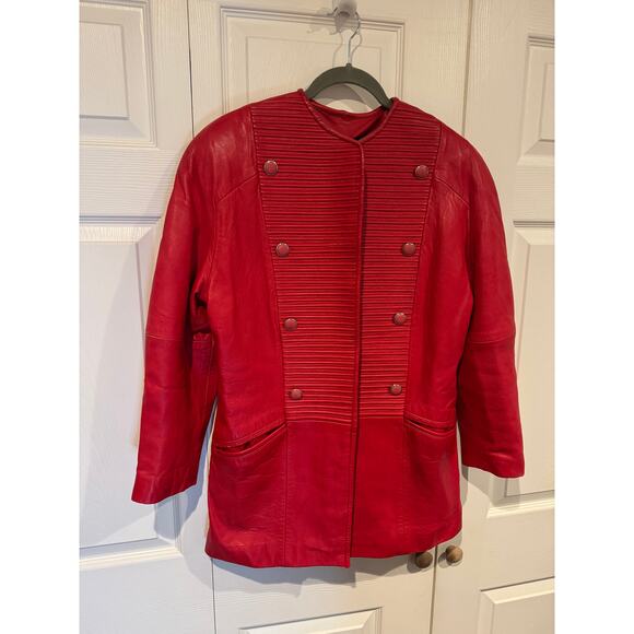 Vintage Vibrant Red Structured Leather Jacket with Retro 80s Vibes - Picture 1 of 10